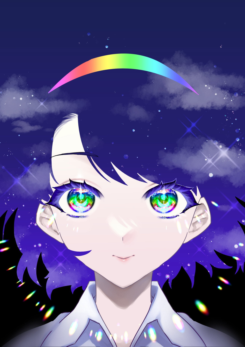1girl absurdres blue_hair cloak close-up closed_mouth clouds cloudy_sky commentary_request eyelashes highres lips looking_at_viewer multicolored_eyes multicolored_hairband rainbow_eyes rainbow_gradient short_hair sky smile solo star_(sky) starry_sky tenkyuu_chimata touhou user_pymc8558 white_cloak