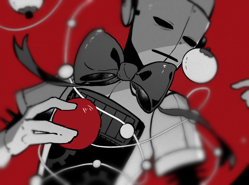 1other android anyu0 ball bauble blurry bow bowtie christmas_ornaments depth_of_field don't_starve gears half-closed_eyes hand_up highres holding hollow_eyes lying monochrome on_back red_background red_theme simple_background string upper_body wx-78