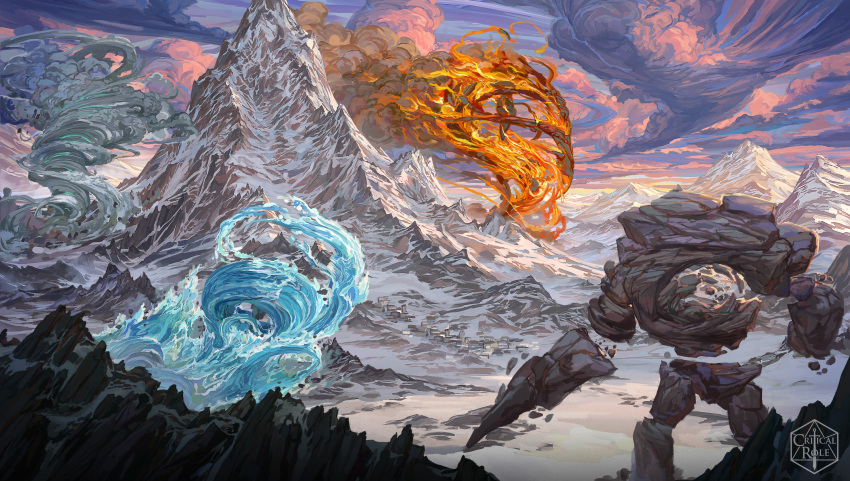 absurdres cliff clouds cloudy_sky colorful critical_role elemental_(creature) english_commentary fantasy fire highres idrawbagman landscape logo mountain mountainous_horizon nature no_humans outdoors rock scenery size_difference sky snow sunrise town water wind winter