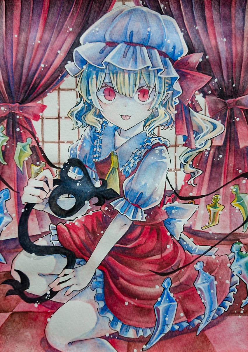 1girl absurdres back_bow bow chaka3464 checkered_floor collarbone crystal feet_out_of_frame flandre_scarlet frilled_shirt_collar frilled_skirt frilled_sleeves frills hat highres holding holding_polearm holding_weapon indoors laevatein_(touhou) looking_at_viewer making-of medium_hair mob_cap multicolored_wings on_floor polearm puffy_short_sleeves puffy_sleeves red_curtains red_eyes red_skirt red_vest shirt short_sleeves skirt skirt_set solo tongue tongue_out touhou traditional_media vest weapon white_bow white_headwear white_shirt window wings