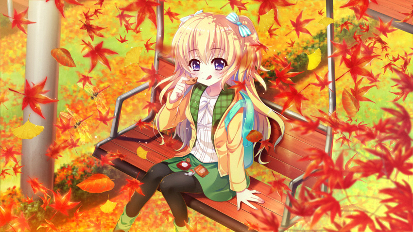 1girl aqua_bag autumn autumn_leaves backpack bag bench black_leggings blonde_hair bow breasts bug candy cookie dot_nose dragonfly film_grain food game_cg green_footwear green_jacket green_skirt hasegawa_mii holding holding_cookie holding_food izumi_tsubasu jacket leaf leggings licking_lips long_hair multicolored_clothes multicolored_jacket non-web_source official_art outdoors park_bench plaid plaid_jacket pole re:stage! shirt skirt small_breasts smile solo sparkling_eyes striped striped_bow swing tongue tongue_out two_side_up violet_eyes white_shirt wooden_bench yellow_jacket