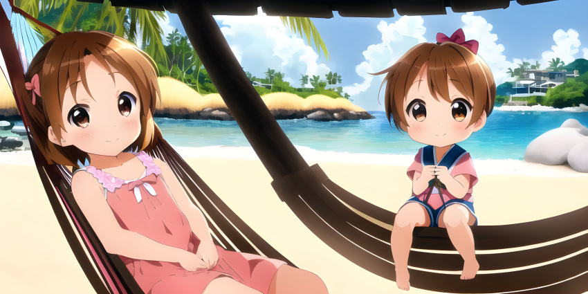 2girls awwesomeai barefoot beach blue_sky blush bow brown_eyes brown_hair child clouds cloudy_sky day dress hair_bow hirasawa_ui hirasawa_yui horizon island k-on! looking_at_viewer lounge_chair multiple_girls ocean outdoors palm_tree pink_bow pink_dress plant sand shore short_hair sitting sky smile tree water