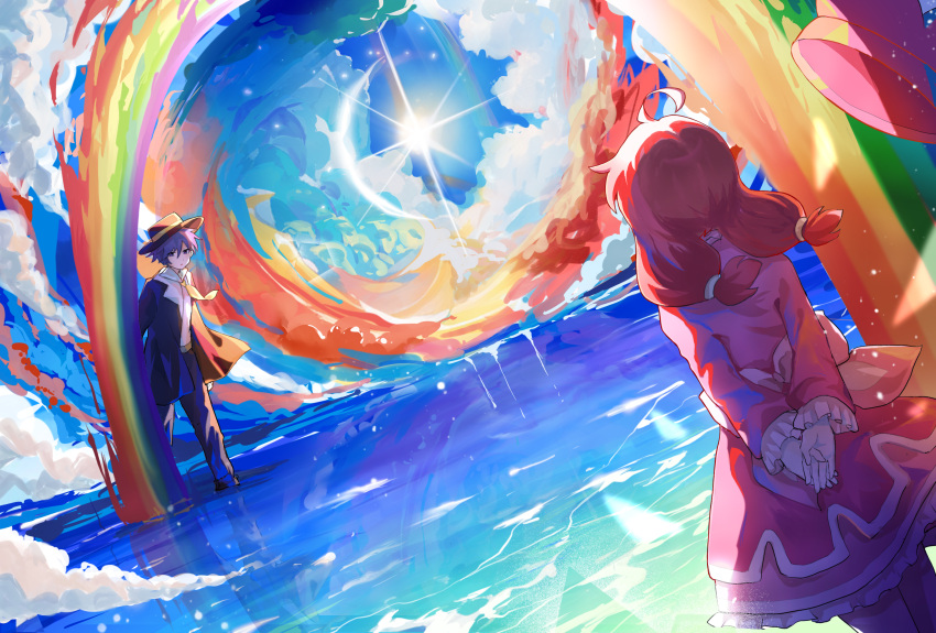 1boy 1girl ahoge akirarec arms_behind_back black_coat black_headwear black_pants chinese_commentary clouds coat colorful commentary_request crescent_moon dress facing_away feet_out_of_frame fine_(futagohime) frown fushigiboshi_no_futago_hime hat highres layered_dress lens_flare long_sleeves looking_at_another medium_hair moon necktie ocean outdoors overcoat pants pink_dress purple_hair rainbow redhead rein_(futagohime) shirt short_hair short_twintails twintails violet_eyes wading white_shirt yellow_necktie