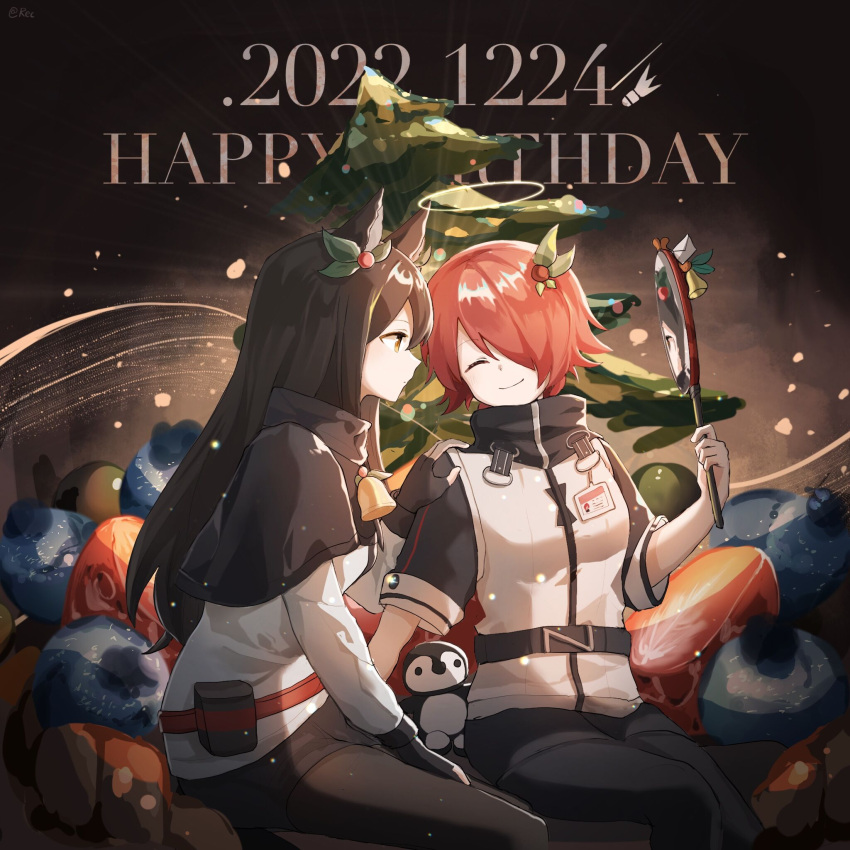 2girls akirarec animal_ears arknights bell belt black_background black_gloves black_hair black_pants black_shirt christmas_tree closed_eyes coat commentary dated english_commentary english_text exusiai_(arknights) from_side gift gloves gradient_background hair_over_one_eye halo happy_birthday highres holding holding_mirror id_card indoors long_hair long_sleeves mirror mistletoe multiple_girls neck_bell pants profile red_belt redhead shirt short_hair short_sleeves simple_background smile stuffed_animal stuffed_penguin stuffed_toy texas_(arknights) white_coat wolf_ears wolf_girl yellow_eyes