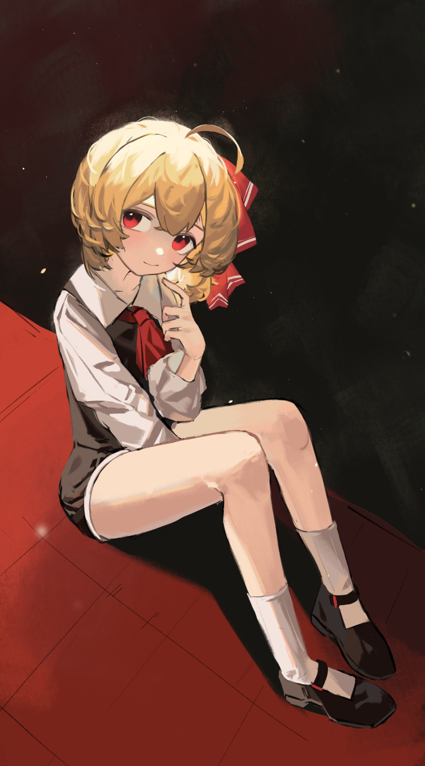 1girl absurdres ahoge arm_between_legs ascot black_dress black_footwear blonde_hair closed_mouth clynxen commentary dress full_body hair_ribbon hand_up highres knees_up long_sleeves looking_at_viewer mary_janes medium_hair on_floor red_ascot red_eyes red_ribbon ribbon rumia shirt shoes sideways_glance sitting smile socks solo touhou white_shirt white_socks