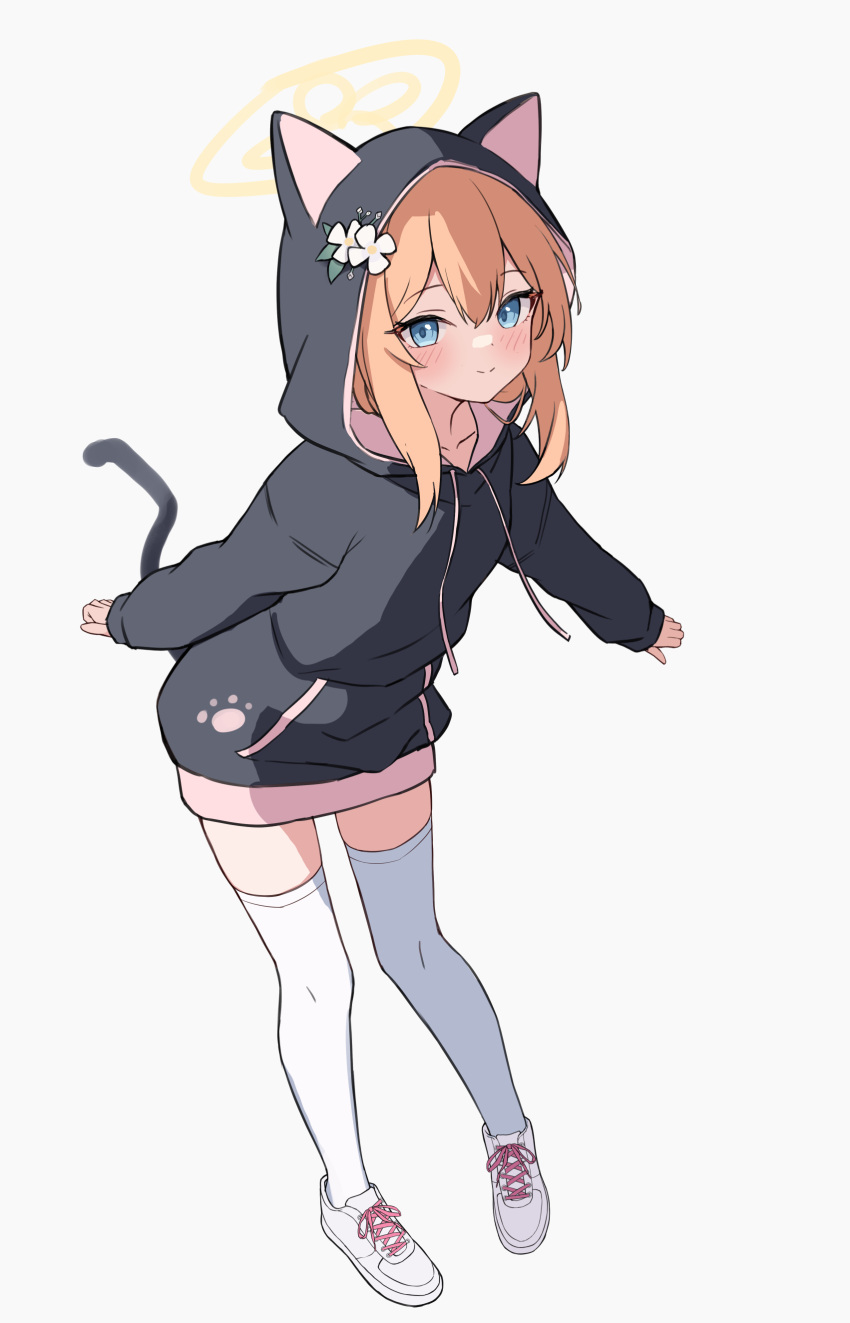 1girl absurdres alternate_costume black_hood black_jacket blue_archive blue_eyes blush cat_tail closed_mouth flower full_body grey_background highres hood hooded_jacket jacket long_sleeves looking_at_viewer mari_(blue_archive) nonddu orange_hair shoes smile solo standing tail thigh-highs thighs white_footwear white_thighhighs