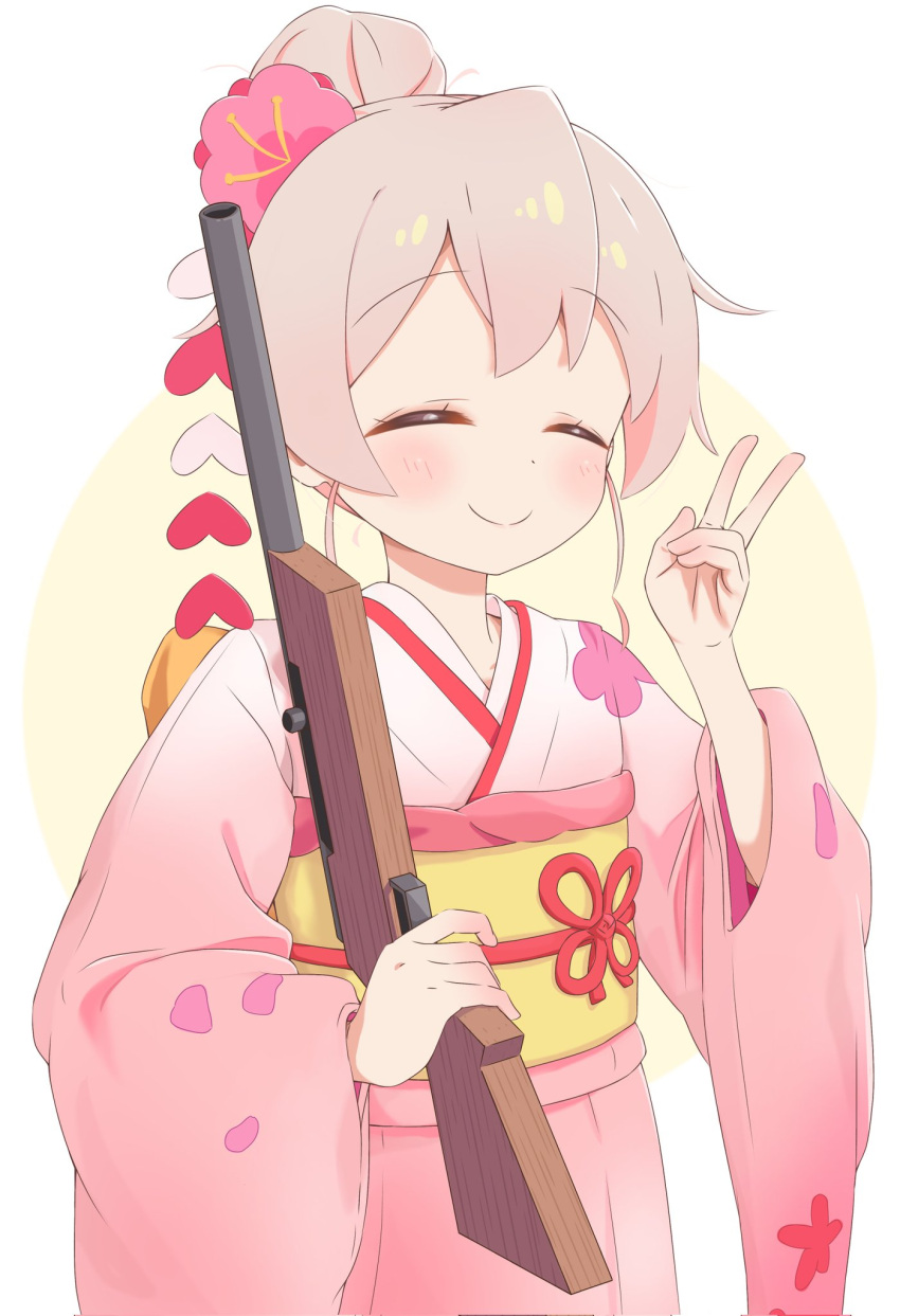 1girl ^_^ closed_eyes commentary facing_viewer flower gun hair_bun hair_flower hair_ornament hair_up highres holding holding_gun holding_weapon holly_hair_ornament japanese_clothes kimono light_blush obi onii-chan_wa_oshimai! oyama_mahiro pink_hair pink_kimono sash simple_background smile solo v weapon white_background yeeee_chen