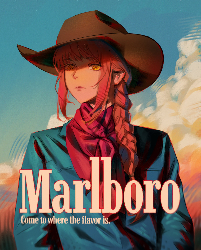 1girl absurdres alternate_costume blue_shirt blue_sky braid braided_ponytail brown_headwear chainsaw_man closed_mouth clouds commentary cowboy_hat cowboy_western english_text expressionless hair_over_shoulder hat highres kozzz_y long_hair looking_at_viewer makima_(chainsaw_man) marlboro red_lips red_scarf redhead ringed_eyes scarf shirt sidelocks sky solo symbol-only_commentary upper_body yellow_eyes