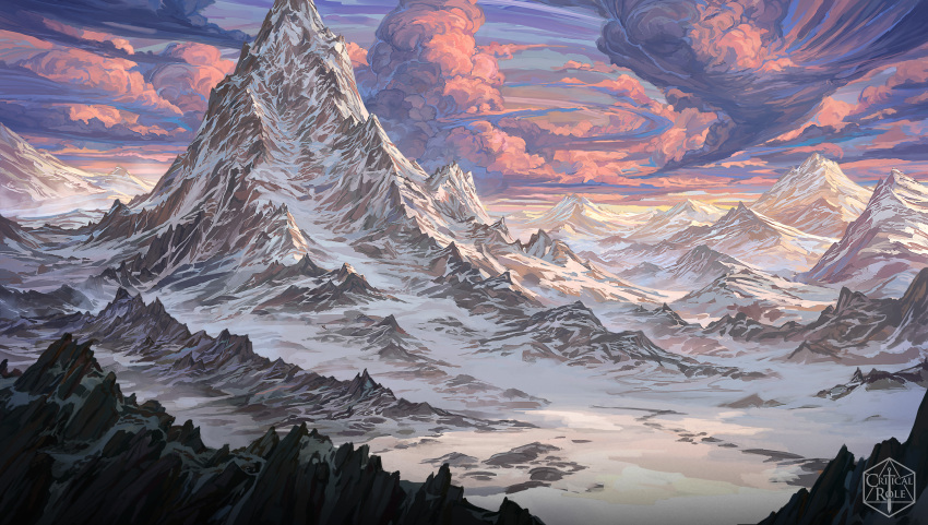 absurdres cliff clouds cloudy_sky colorful critical_role english_commentary highres idrawbagman landscape logo mountain mountainous_horizon nature no_humans outdoors scenery sky snow sunrise winter