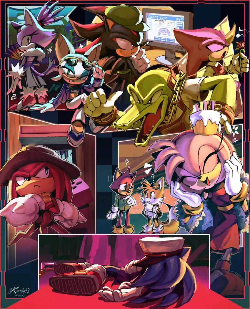 1other 3girls 6+boys ? absurdres amy_rose animal_ears animal_nose apron arcade_cabinet artist_name bandana baseball_cap bat_(animal) bat_ears bat_wings black_fur black_shirt blaze_the_cat blue_coat blue_eyes blue_eyeshadow blue_fur boxing_gloves brown_headwear brown_jacket cake_hair_ornament cat cat_ears cat_tail chain chameleon closed_eyes coat collared_shirt colored_skin computer corpse cowboy_hat crocodile crocodilian crop_top crossed_arms crossed_legs death dreadlocks dress echidna_(animal) espio_the_chameleon excited eyeshadow eyewear_on_head family_guy_death_pose_(meme) fedora flower food-themed_hair_ornament forehead_jewel fox fox_ears fox_tail frown fur_coat fur_trim furry furry_female furry_male gem gloves gold_bracelet gold_chain green_apron green_coat green_eyes green_headwear green_skin hair_ornament hairband hand_fan hands_on_own_cheeks hands_on_own_face hat heart hedgehog hedgehog_ears hedgehog_tail high_heels highres holding holding_eyewear holding_fan holding_flower horns jacket jewelry knuckles_the_echidna kornart lips lipstick long_sleeves looking_at_another looking_at_viewer lying makeup meme multiple_boys multiple_girls multiple_tails music musical_note on_floor on_side one_eye_closed open_clothes open_jacket open_mouth paper_fan pink_fur plaid plaid_coat protagonist_(the_murder_of_sonic_the_hedgehog) purple_dress purple_fur purple_jacket purple_skin purple_vest quokka red_dress red_eyes red_flower red_footwear red_fur red_gemstone red_hairband red_lips rose rouge_the_bat sailor_hat shadow_the_hedgehog sharp_teeth shirt shoes short_sleeves signature singing single_horn sleeveless sleeveless_dress smile sneakers snout socks sonic_(series) sonic_the_hedgehog sparkle spiked_gloves standing sunglasses tail tails_(sonic) teeth the_murder_of_sonic_the_hedgehog thinking two-tone_fur two_tails upper_body vector_the_crocodile vest violet_eyes white_footwear white_fur white_gloves white_headwear white_shirt white_socks wings yellow_bandana yellow_eyes yellow_footwear