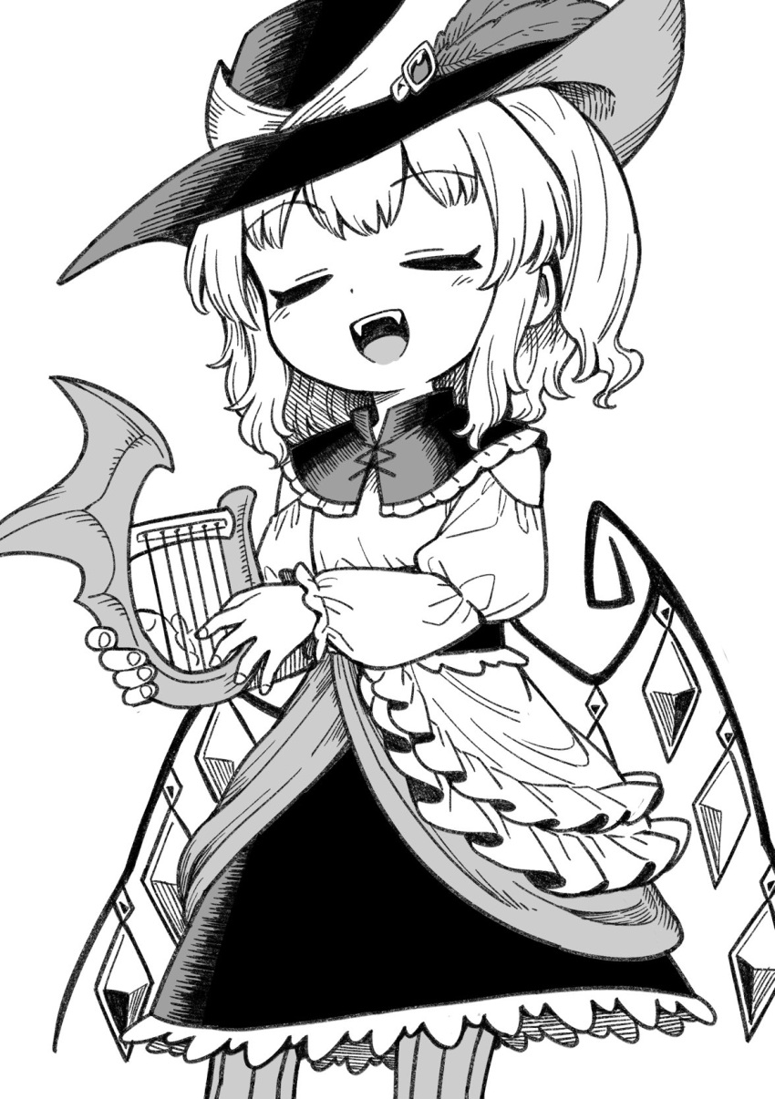 1girl alternate_costume blush closed_eyes facing_viewer fangs flandre_scarlet greyscale harp highres holding holding_instrument instrument long_sleeves monochrome music oninamako open_mouth playing_instrument short_ponytail side_ponytail smile solo teeth touhou upper_teeth_only wings