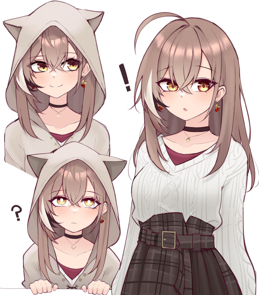 ! 1girl :o ? ahoge animal_hood belt berry black_choker brown_eyes brown_hair brown_hoodie brown_skirt choker earrings ears_through_headwear english_commentary food-themed_earrings highres hololive hololive_english hood hood_up hoodie jewelry long_hair long_skirt looking_at_viewer m_r_b multicolored_hair multiple_views nanashi_mumei necklace official_alternate_costume oversized_clothes plaid plaid_skirt pleated_skirt red_shirt runes shirt skirt smile streaked_hair sweater virtual_youtuber white_sweater