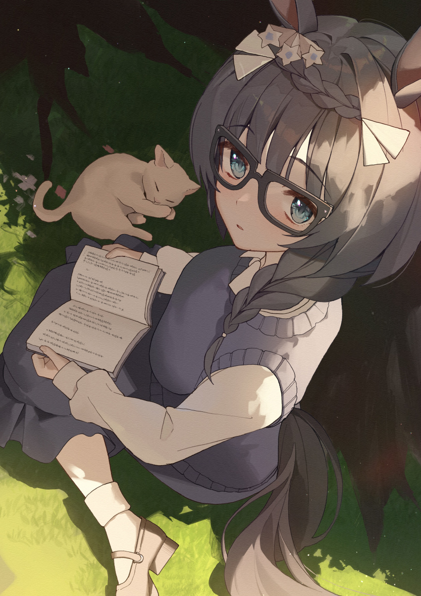 1girl absurdres animal_ears black-framed_eyewear blue_dress blue_eyes book braid cat closed_mouth crown_braid dress ear_ornament glasses grass highres holding holding_book horse_girl horse_tail long_hair long_sleeves looking_at_viewer official_alternate_costume on_ground reading shirt socks solo tail tail_through_clothes tree umamusume white_footwear white_shirt white_socks yogukasu zenno_rob_roy_(umamusume)