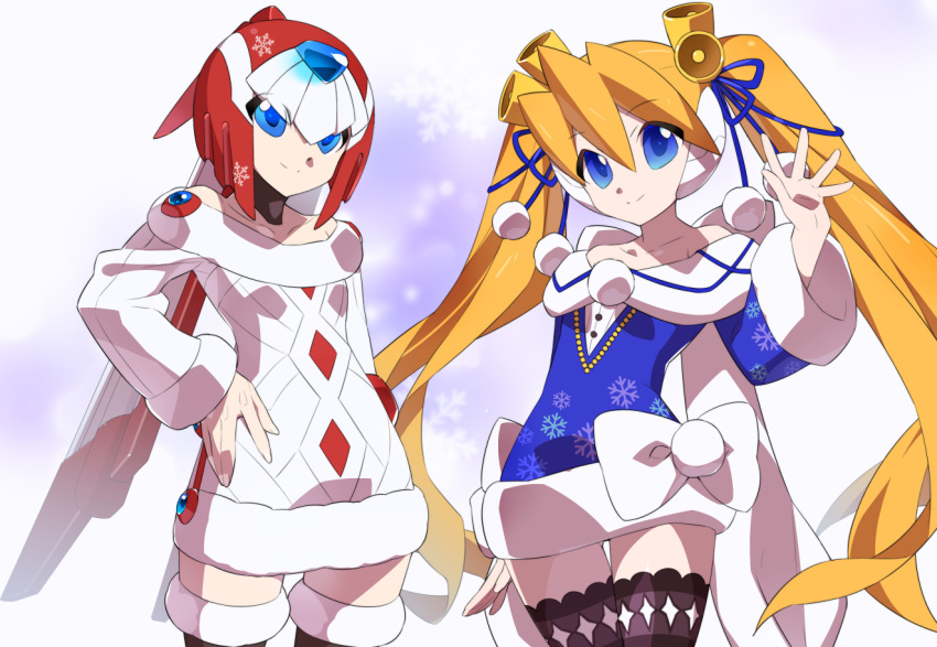 2girls bell blonde_hair blue_eyes blue_sweater breasts christmas ciel_(mega_man) hair_bell hair_ornament kaidou_zx leviathan_(mega_man) mega_man_(series) mega_man_x_(series) mega_man_x_dive mega_man_zero multiple_girls red_headwear small_breasts snowflakes sweater thigh-highs twintails white_sweater winter_clothes