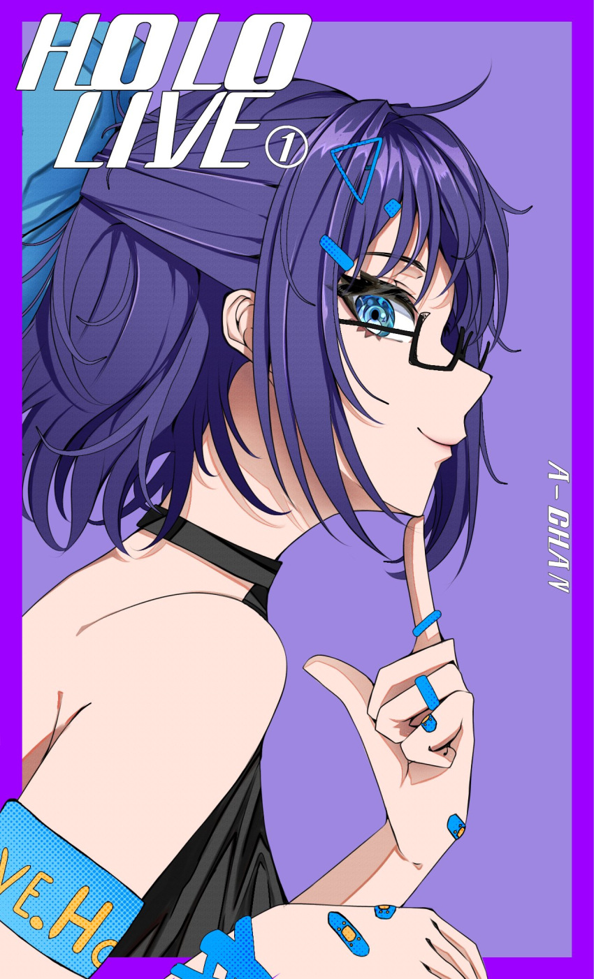 1girl a-chan_(hololive) alternate_costume armband bandaid bandaid_on_hand black-framed_eyewear black_shirt blue_bow blue_eyes blue_hair border bow character_name closed_mouth commentary copyright_name english_commentary eyelashes finger_to_own_chin from_side glasses hair_bow hair_ornament hairclip halterneck highres hololive jewelry looking_at_viewer mouchu multiple_rings outside_border portrait profile purple_background ring semi-rimless_eyewear shirt short_hair simple_background smile solo virtual_youtuber