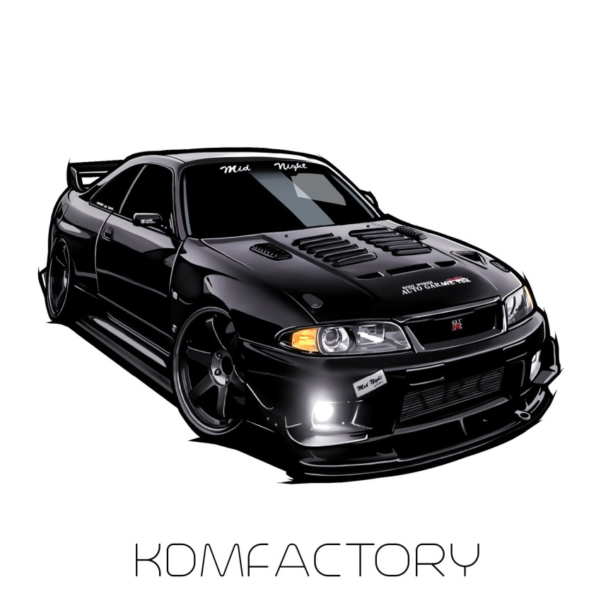 artist_name black_car car chibi chris_ilst commission glowing highres motor_vehicle nissan nissan_skyline nissan_skyline_gt-r nissan_skyline_r33 original spoiler_(automobile) white_background