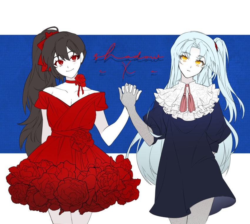 angela_(project_moon) blue_dress blue_hair bow brown_hair carmen_(project_moon) closed_mouth dress expressionless fishnet_gloves fishnet_pantyhose fishnets flower flower-trimmed_dress flower_trim frilled_shirt_collar frills gloves hair_bow high_ponytail highres holding_hands lobotomy_corporation long_hair looking_at_viewer neck_tassel off-shoulder_dress off_shoulder one_side_up pantyhose pr_pjm project_moon puffy_sleeves red_bow red_dress red_eyes red_flower red_rose rose shadows_house smile very_long_hair yellow_eyes