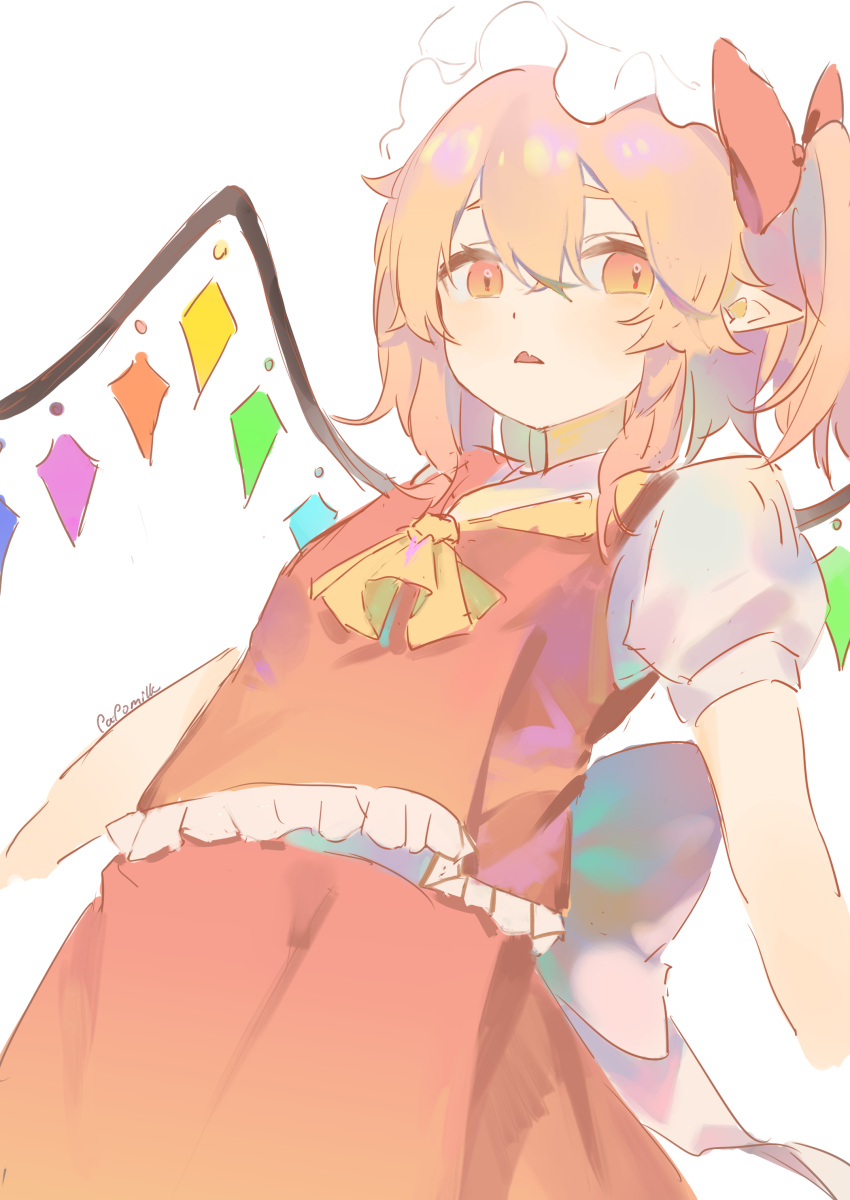 1girl absurdres artist_name ascot blush bow commentary crystal flandre_scarlet hair_between_eyes hat hat_bow highres looking_at_viewer mob_cap orange_eyes orange_hair pfallen pointy_ears puffy_short_sleeves puffy_sleeves red_bow red_skirt red_vest shirt short_sleeves simple_background sketch skirt skirt_set touhou triangle_mouth upper_body vest white_background white_headwear white_shirt wings yellow_ascot
