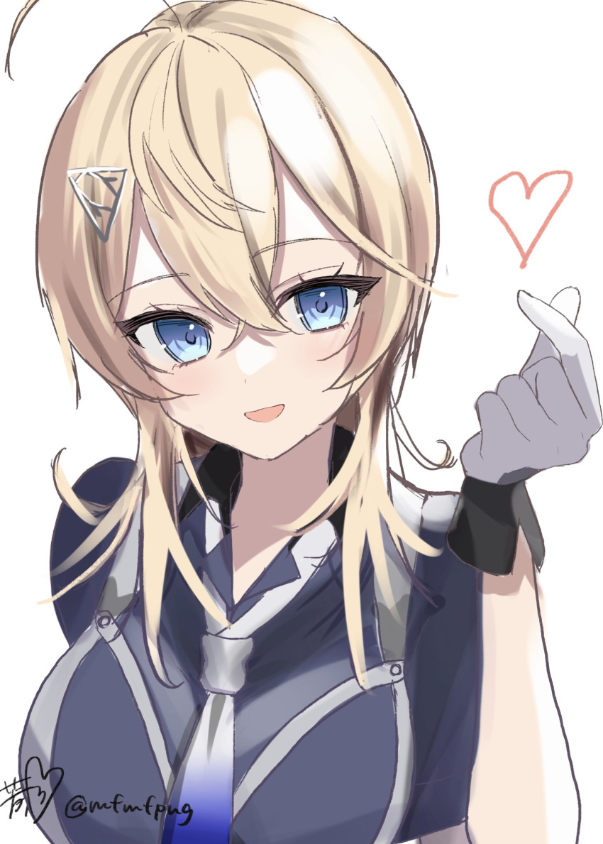1girl ahoge artist_name blonde_hair blue_eyes blue_neckerchief blue_shirt breasts finger_heart gloves gradient_neckerchief hair_between_eyes hair_ornament hairclip highres kantai_collection looking_at_viewer medium_breasts medium_hair military military_uniform neckerchief one-hour_drawing_challenge shirt simple_background smile solo tuscaloosa_(kancolle) twitter_username uniform white_background white_gloves yoshino_(mfmfpng)