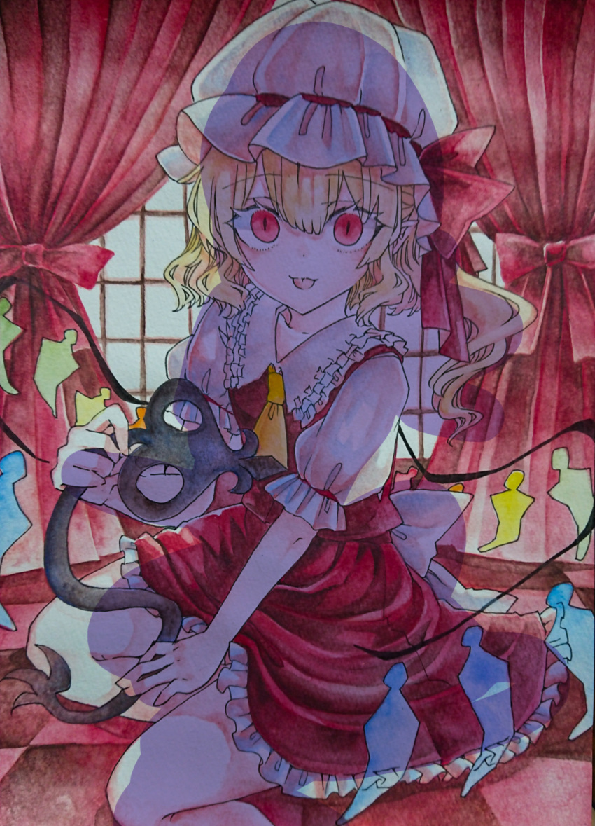 1girl back_bow bow chaka3464 checkered_floor collarbone crystal feet_out_of_frame flandre_scarlet frilled_shirt_collar frilled_skirt frilled_sleeves frills hat highres holding holding_polearm holding_weapon indoors laevatein_(touhou) looking_at_viewer making-of medium_hair mob_cap multicolored_wings on_floor polearm puffy_short_sleeves puffy_sleeves red_curtains red_eyes red_skirt red_vest shirt short_sleeves skirt skirt_set solo tongue tongue_out touhou traditional_media vest weapon white_bow white_headwear white_shirt window wings