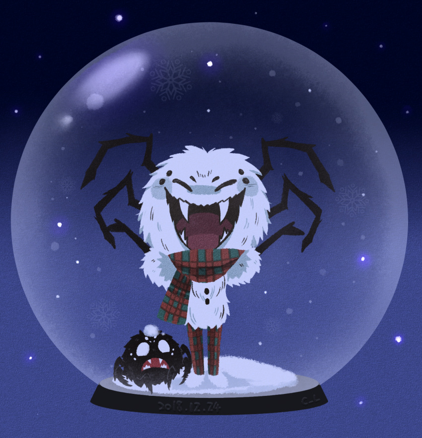 1boy arms_up blank_eyes blue_background bug chibi closed_eyes don't_starve facing_viewer fangs full_body furry furry_male highres in_container male_focus michon monster_boy official_alternate_costume official_alternate_hair_color open_mouth pants plaid plaid_pants plaid_scarf scarf shirt snow snow_globe snow_on_head snowflakes snowing spider spider_boy standing webber_(don't_starve) white_shirt