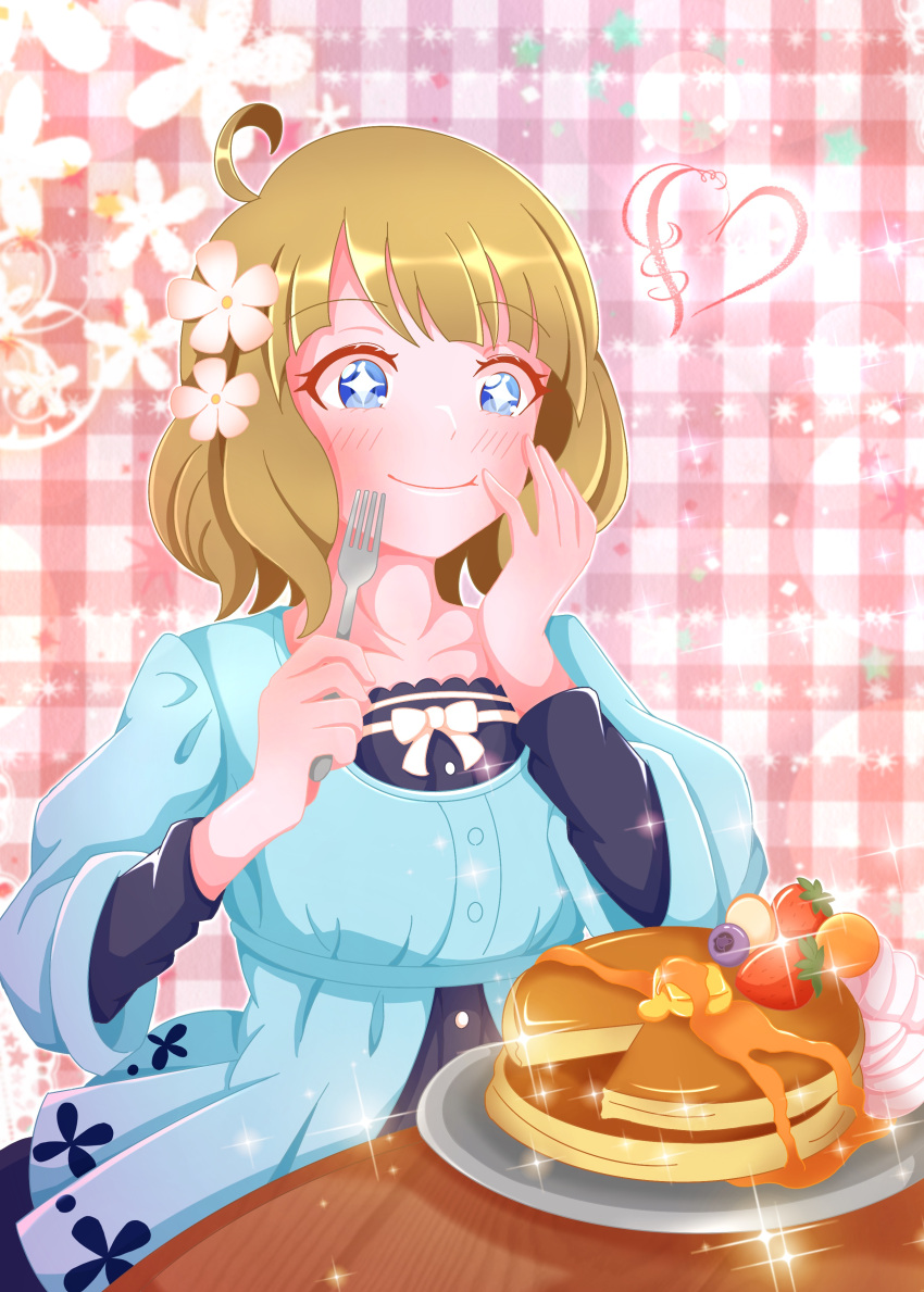 +_+ 1girl absurdres ahoge blue_dress blue_eyes blueberry blush dress flower food fork fruit hair_flower hair_ornament hands_up heart highres holding holding_fork idolmaster idolmaster_million_live! idolmaster_million_live!_theater_days light_brown_hair long_sleeves looking_at_viewer pancake plaid plaid_background plate raby_vivid short_hair smile solo standing strawberry suou_momoko syrup table whipped_cream