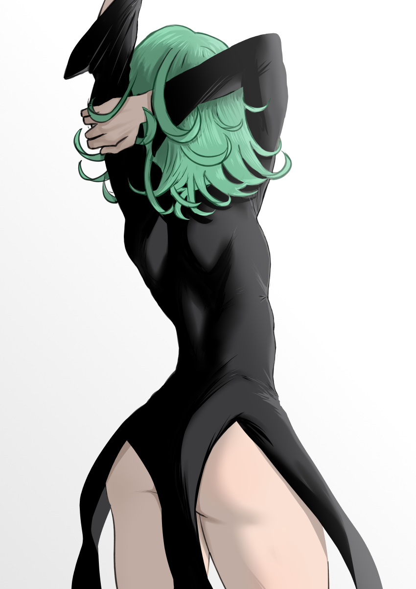 1girl absurdres arm_behind_head ass back black_dress commentary cowboy_shot curly_hair dress english_commentary from_behind green_hair hands_up highres long_sleeves medium_hair one-punch_man redi_(rasec_asdjh) simple_background solo standing stretching tatsumaki thighs variant_set white_background