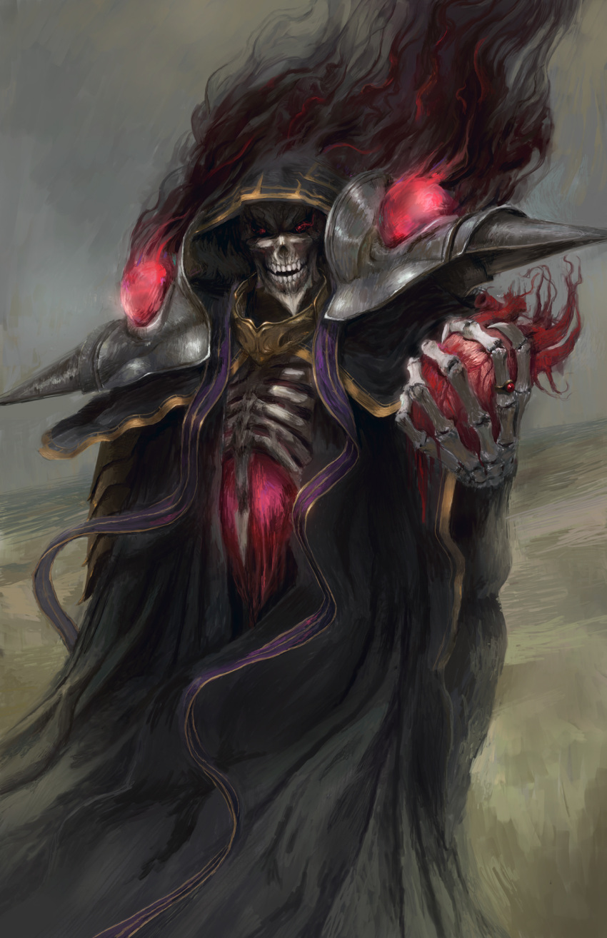 1boy ainz_ooal_gown ari_ibarra black_robe blood blood_on_hands bone commentary energy english_commentary eye_trail fantasy floating_clothes glowing glowing_eye hand_up heart heart_(organ) highres holding holding_heart hood hood_up hooded_robe jewelry lich light_trail looking_at_viewer magic making-of_available male_focus orb outdoors overlord_(maruyama) red_eyes ribs ring robe shade skeletal_arm skeleton skull standing undead upper_body wide_sleeves