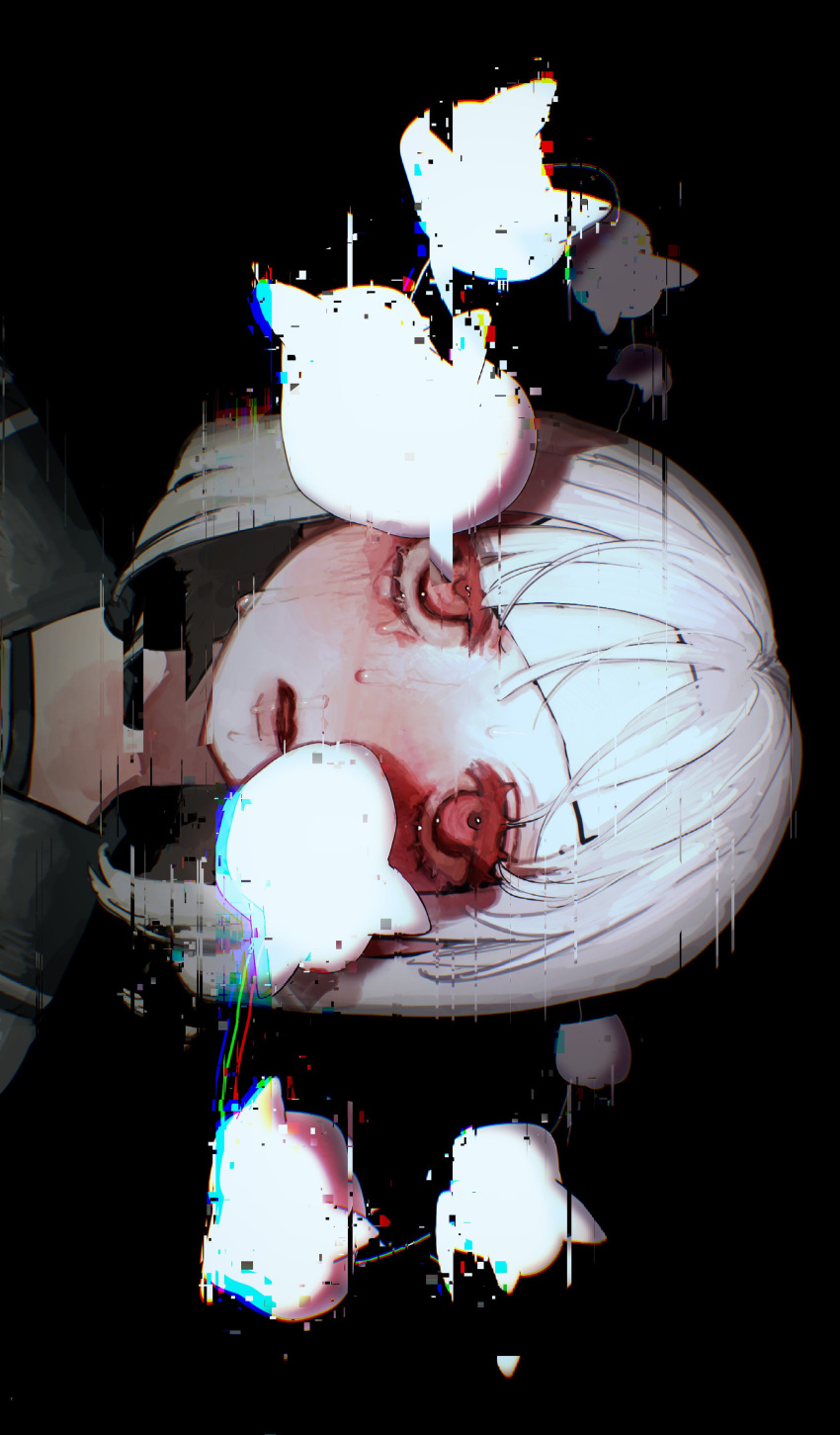 1girl absurdres black_background black_sailor_collar blunt_bangs chromatic_aberration colored_eyelashes commentary cooling_pad crying crying_with_eyes_open drooling facing_viewer glitch highres lips open_mouth original portrait red_eyes sailor_collar saliva seeing_stars shadow short_hair sideways snot solo streaming_tears suikaaisu sweat symbol-only_commentary tears upturned_eyes white_hair