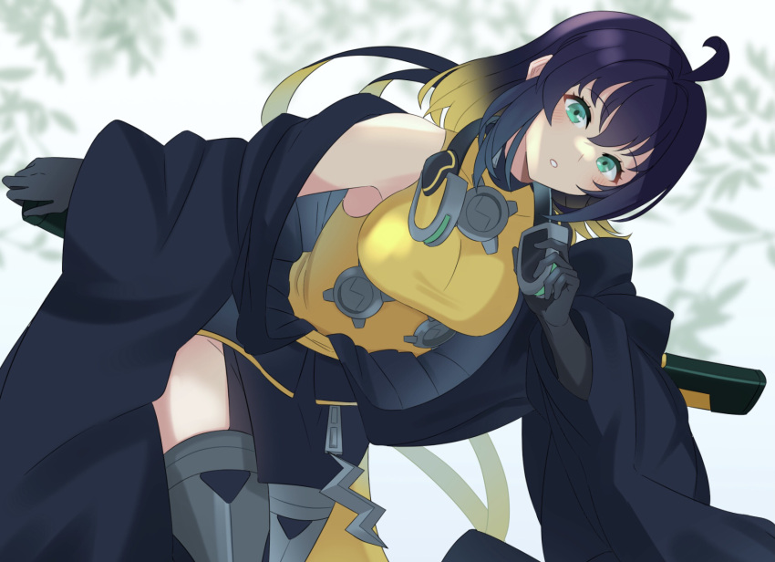 1girl ahoge black_gloves black_hair blonde_hair breasts cowboy_shot duel_monster gloves gradient_hair green_eyes hair_down haori headphones headphones_around_neck heichi highres japanese_clothes large_breasts light_blush multicolored_hair parted_lips s-force_rappa_chiyomaru single_bare_shoulder solo thigh-highs yu-gi-oh!