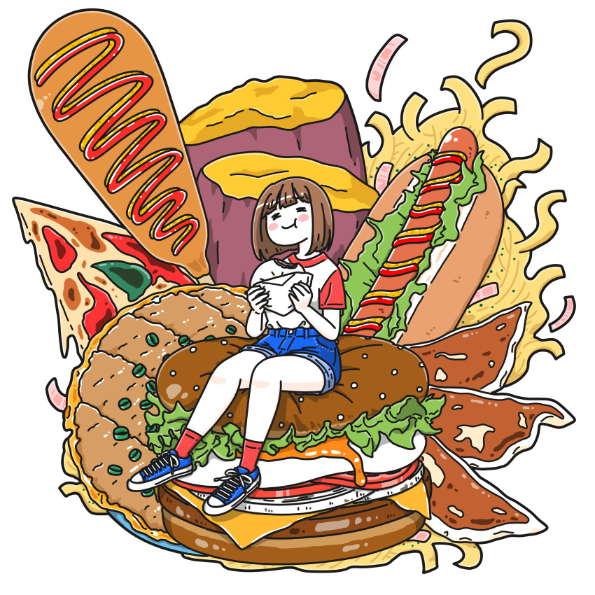 1girl absurdres blue_footwear blue_shorts blush_stickers brown_hair burger cheese closed_eyes eating food food_focus food_request highres hot_dog kichi_momig lettuce meat medium_hair no_nose original oversized_food pizza red_socks shoes short_sleeves shorts sitting socks solo tomato tomato_slice white_background wide_shot