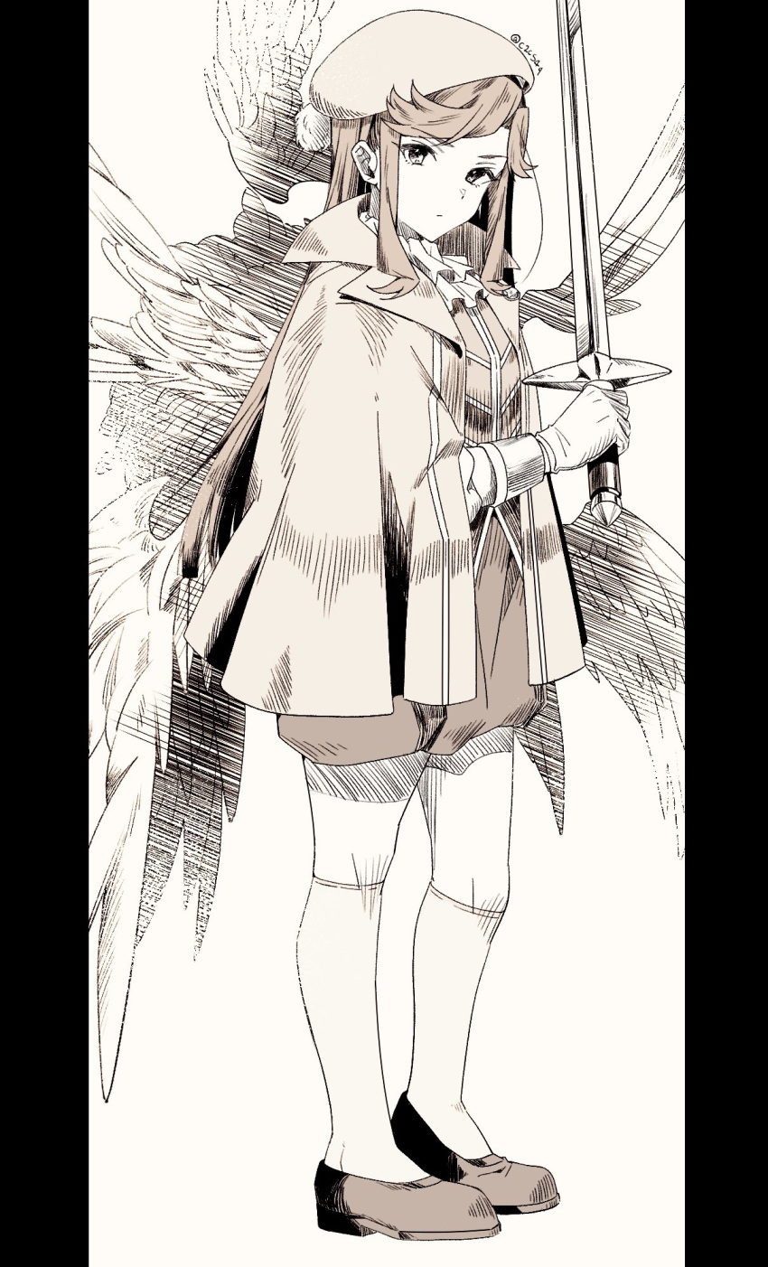 1girl ascot cloak closed_mouth feathered_wings full_body gloves hand_up heel_up highres holding holding_sword holding_weapon kneehighs long_sleeves looking_at_viewer looking_to_the_side monochrome nijiko_(c2cs4q) official_alternate_costume pillarboxed shirt shoes shorts shoujo_kageki_revue_starlight simple_background socks solo standing sword tendou_maya twitter_username weapon white_background wings