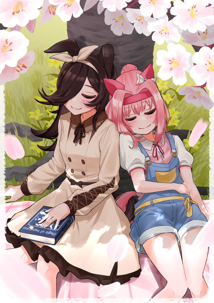 2girls absurdres animal_ears belt blanket blush book bow_hairband breasts brown_dress brown_hair cherry_blossoms closed_eyes closed_mouth collared_shirt dress ear_covers ears_down feet_out_of_frame freely2327 grass hair_intakes hair_over_one_eye hairband haru_urara_(umamusume) highres horse_ears horse_girl horse_tail intertwined_tails long_sleeves multiple_girls neck_ribbon outdoors overall_shorts overalls pink_hair ribbon rice_shower_(umamusume) shirt short_sleeves sitting small_breasts smile tail tree umamusume