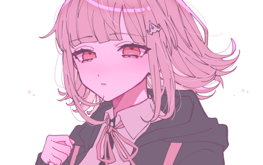 1girl black_jacket black_shirt collared_shirt danganronpa_(series) danganronpa_2:_goodbye_despair dress_shirt flipped_hair galaga hair_ornament hand_up highres hood hood_down hooded_jacket jacket long_sleeves looking_at_viewer medium_hair nanami_chiaki neck_ribbon parted_lips pink_eyes pink_hair ribbon ru-pe_(gstm_0915) shirt simple_background solo white_background white_shirt