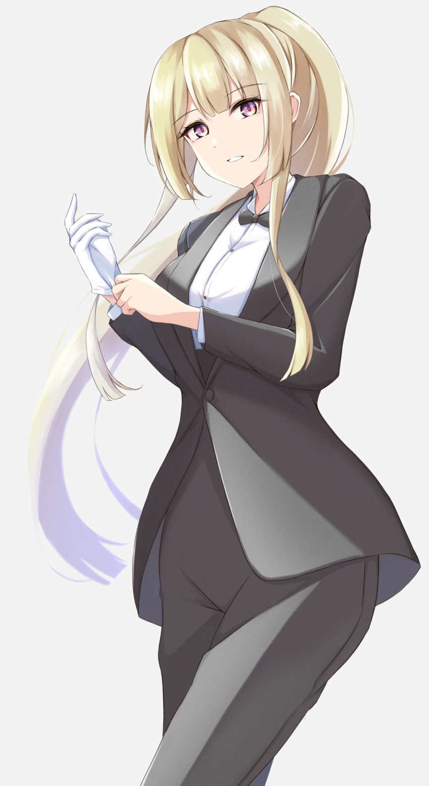 1girl 7-mzk adjusting_clothes adjusting_gloves alternate_hairstyle assault_lily black_bow black_bowtie black_jacket black_pants black_suit blonde_hair blunt_bangs blunt_ends bow bowtie breasts buttons collared_shirt cowboy_shot formal gloves grey_background hands_up high_ponytail highres jacket large_breasts light_smile long_hair long_sleeves looking_at_viewer miyagawa_takane pant_suit pants parted_lips ponytail shirt sidelocks simple_background single_glove solo standing suit very_long_hair violet_eyes white_gloves white_shirt