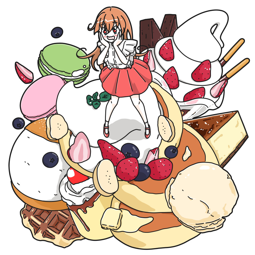 1girl absurdres banana banana_slice blueberry brown_hair butter dessert food food_focus food_request fruit hands_on_own_cheeks hands_on_own_face heart heart-shaped_pupils highres ice_cream kichi_momig leaf long_hair macaron no_nose original oversized_food pudding red_footwear red_pupils red_skirt shadow shirt shoes skirt solo standing strawberry symbol-shaped_pupils waffle white_background white_shirt