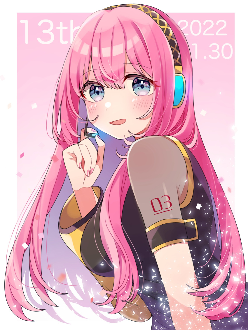 1girl absurdres aqua_eyes black_vest blunt_bangs blush breasts commentary confetti dated from_side hand_up headphones headset highres large_breasts long_hair looking_at_viewer mamec0s megurine_luka microphone nail_polish number_tattoo open_mouth pink_hair pink_nails shoulder_tattoo sidelocks solo tattoo upper_body vest vocaloid