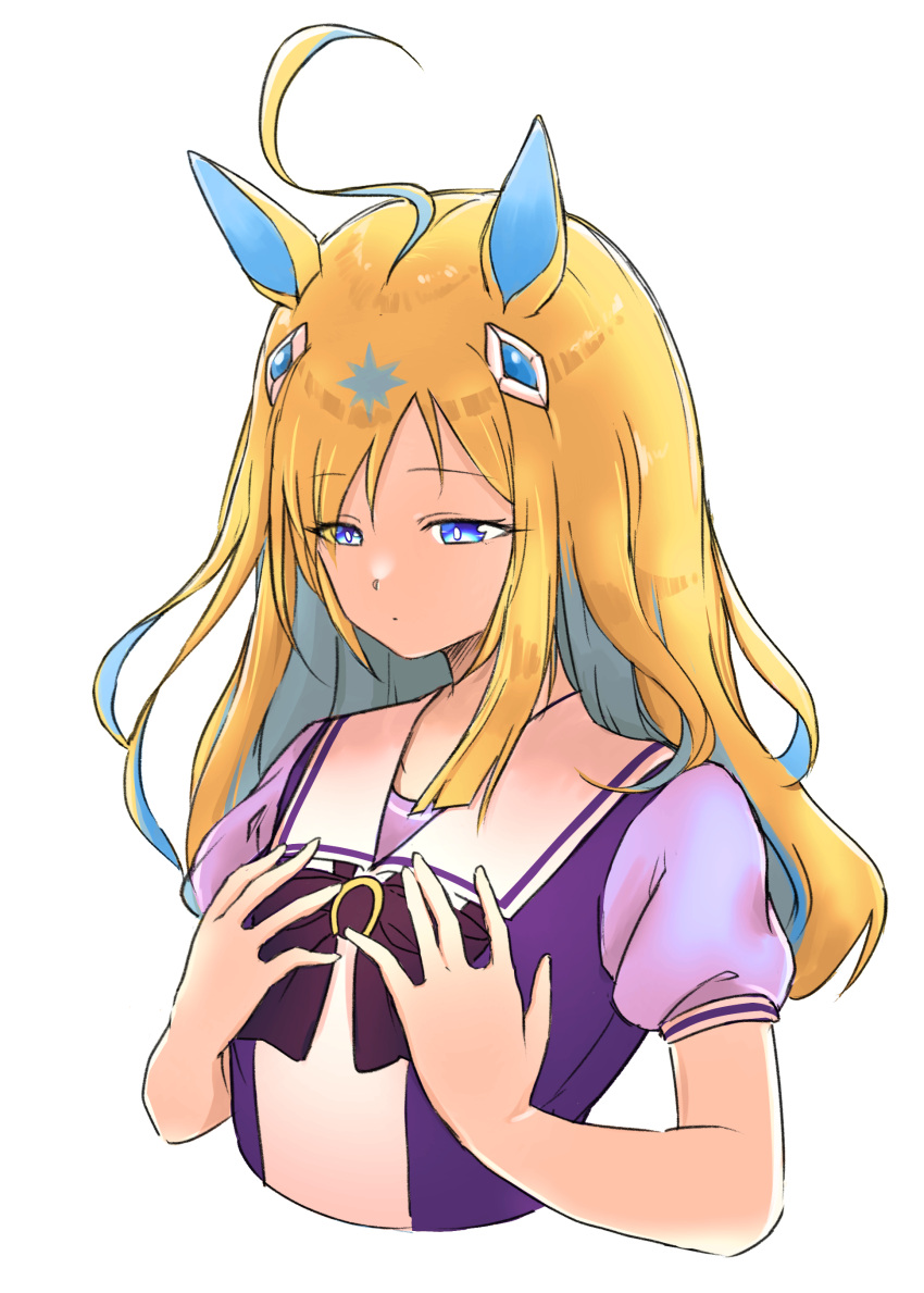 1girl absurdres ahoge animal_ears blonde_hair blue_eyes bow bowtie bright_pupils closed_mouth cropped_torso enomori_neko flat_chest hands_on_own_chest highres horse_ears looking_down neo_universe_(umamusume) purple_shirt sailor_collar school_uniform shirt short_sleeves simple_background solo tracen_school_uniform umamusume upper_body white_background white_pupils