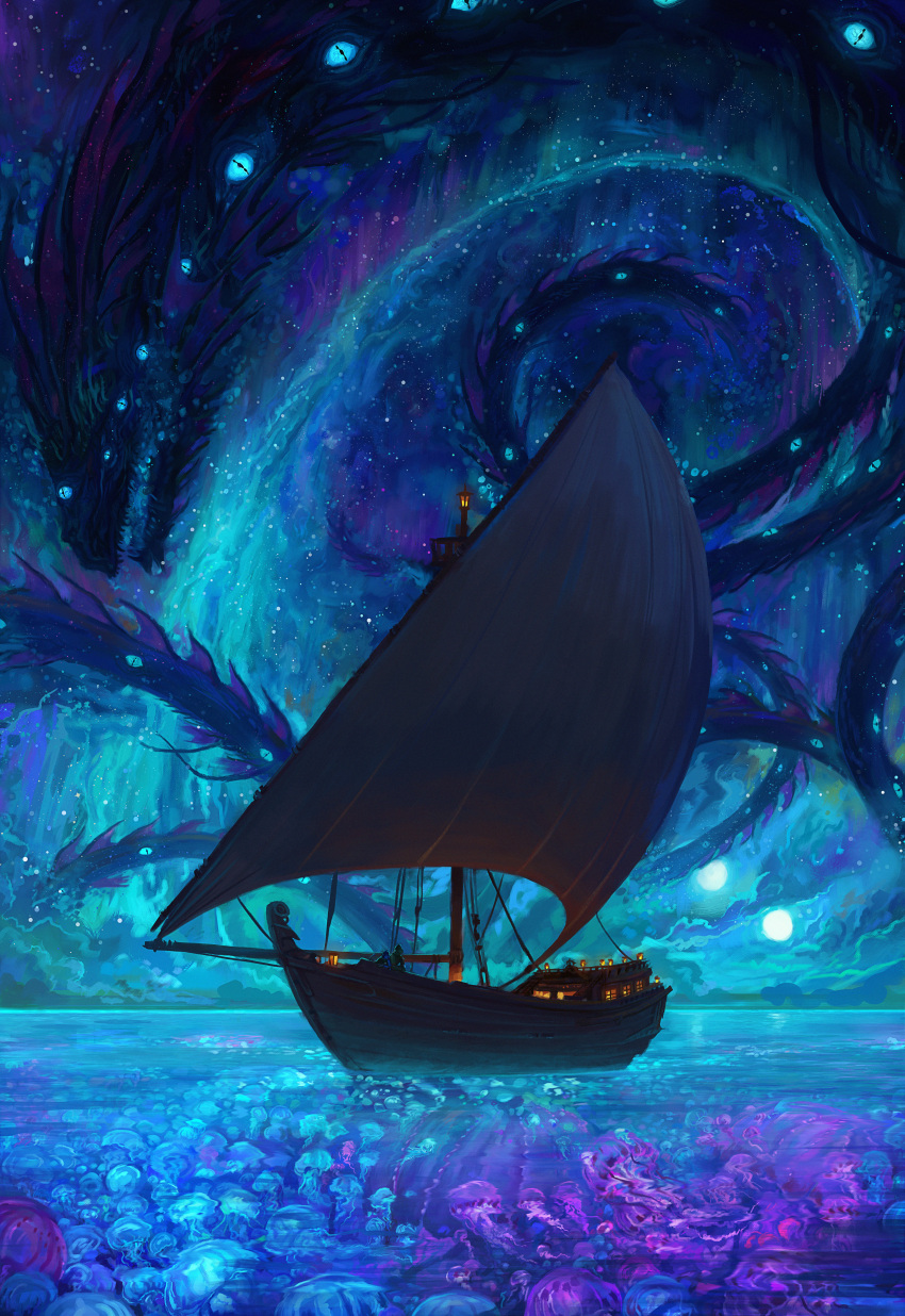 absurdres blue_eyes boat clouds constellation english_commentary extra_eyes fantasy fins floating full_moon gills highres horizon idrawbagman jellyfish monster moon nature night night_sky ocean original outdoors sail sailboat scenery sea_serpent sky slit_pupils star_(sky) starry_sky water watercraft