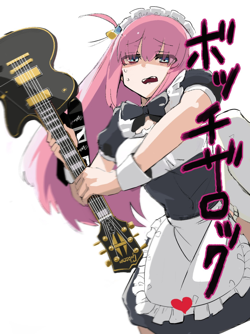 1girl album_cover_redraw apron black_bow black_bowtie black_dress blue_eyes bocchi_the_rock! bow bowtie commentary_request cube_hair_ornament derivative_work dress electric_guitar garter_straps gibson_les_paul gloom_(expression) gotou_hitori guitar hair_ornament highres holding holding_instrument instrument kusazuka_kirai long_hair looking_at_viewer maid maid_apron maid_headdress midori_(band) one_side_up open_mouth parody pink_hair short_sleeves simple_background sketch solo sweat thigh-highs wavy_mouth white_background white_thighhighs wrist_cuffs