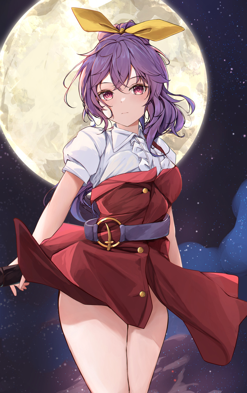 1girl absurdres arms_behind_back belt blush breasts clothes_lift commission dress dress_lift expressionless full_moon hair_ribbon highres hip_focus holding holding_sword holding_weapon katana long_hair looking_at_viewer looking_down medium_breasts moon night night_sky orchid_(orukido) outdoors pink_eyes pixiv_commission ponytail purple_hair red_dress ribbon shirt short_sleeves sky solo star_(sky) staring starry_sky sword thighs touhou watatsuki_no_yorihime weapon white_shirt yellow_ribbon