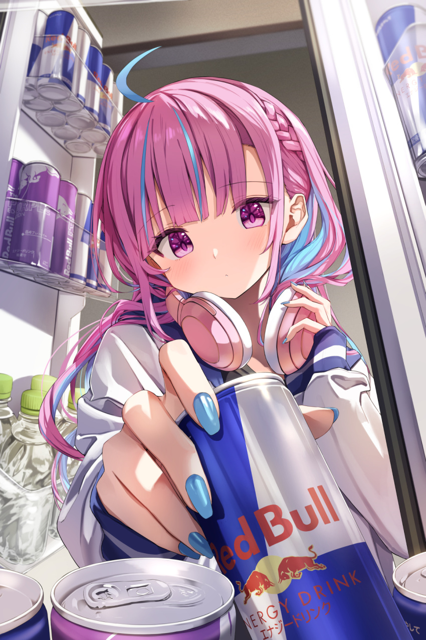 1girl ahoge blue_hair blue_nails bottle braid can closed_mouth commentary_request hand_on_headphones headphones headphones_around_neck highres holding holding_can hololive light_blush long_hair long_sleeves looking_at_viewer minato_aqua multicolored_hair nail_polish pink_hair red_bull refrigerator shirt sleeves_past_wrists solo streaked_hair summer_tail720 two-tone_hair upper_body violet_eyes virtual_youtuber water_bottle white_shirt