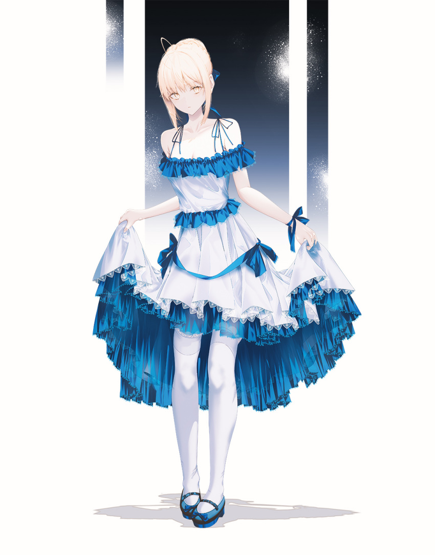 1girl ahoge alternate_costume alternate_eye_color artoria_pendragon_(fate) bare_shoulders blonde_hair blue_dress blue_footwear blue_ribbon commentary dress english_commentary fate/grand_order fate/stay_night fate_(series) fov_ps frilled_dress frills hair_ribbon highres looking_at_viewer off-shoulder_dress off_shoulder pantyhose ribbon saber shadow short_hair skirt_hold sleeveless sleeveless_dress solo two-tone_dress white_dress white_pantyhose yellow_eyes