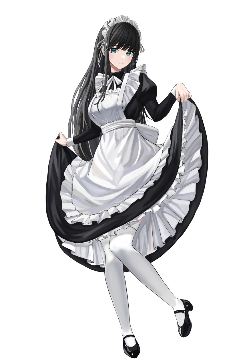 1girl absurdres apron black_hair blue_eyes clothes_lift commentary full_body highres maid maid_apron maid_headdress nyanbutter original pleated_skirt skirt skirt_lift solo thigh-highs white_thighhighs