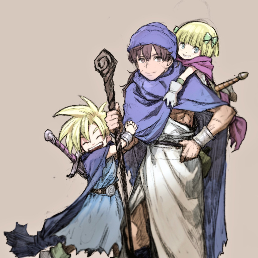 1girl 2boys black_hair blonde_hair blue_eyes cape closed_mouth dragon_quest dragon_quest_v dress hero's_daughter_(dq5) hero's_son_(dq5) hero_(dq5) highres jun_(seojh1029) looking_at_viewer multiple_boys open_mouth short_hair simple_background smile sword turban weapon