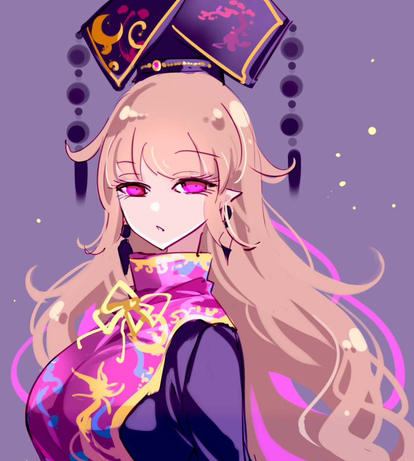 1girl black_dress black_headwear blonde_hair breasts chinese_clothes dress from_side highres junko_(touhou) large_breasts long_hair looking_at_viewer one-hour_drawing_challenge open_mouth phoenix_crown pointy_ears portrait purple_background raptor7 red_eyes simple_background solo tabard touhou