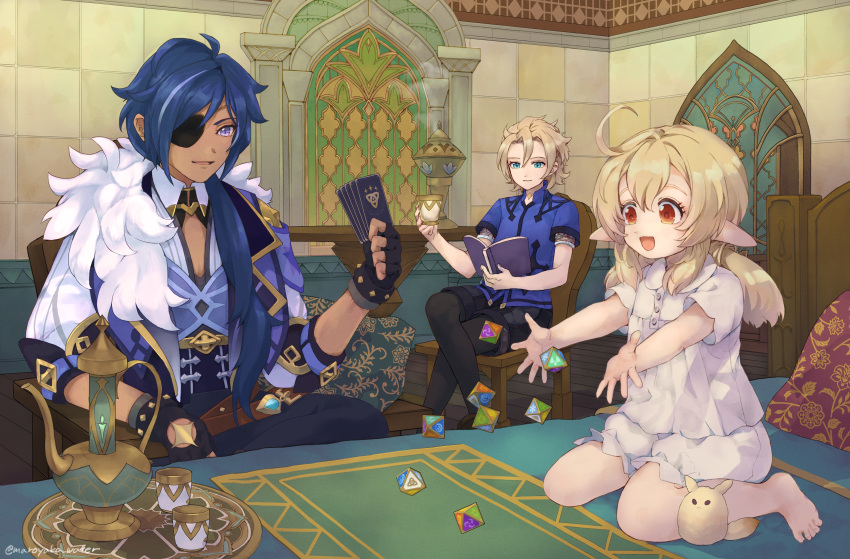 1girl 2boys :d absurdres adapted_costume ahoge albedo_(genshin_impact) alternate_costume armchair ashidatea_(maroyaka_water) belt black_gloves black_hair bloomers blue_eyes book card chair commentary_request cup dark-skinned_male dark_skin dice dodoco_(genshin_impact) earrings eyepatch fingerless_gloves fur_scarf genshin_impact gloves grey_hair hair_between_eyes highres holding holding_book holding_card holding_cup indoors jewelry kaeya_(genshin_impact) klee_(genshin_impact) light_brown_hair long_hair looking_at_another looking_away multiple_boys orange_eyes pajamas pointy_ears short_sleeves sidelocks sitting sitting_on_table smile stained_glass stuffed_animal stuffed_toy teacup throwing underwear violet_eyes wariza white_bloomers white_pajamas