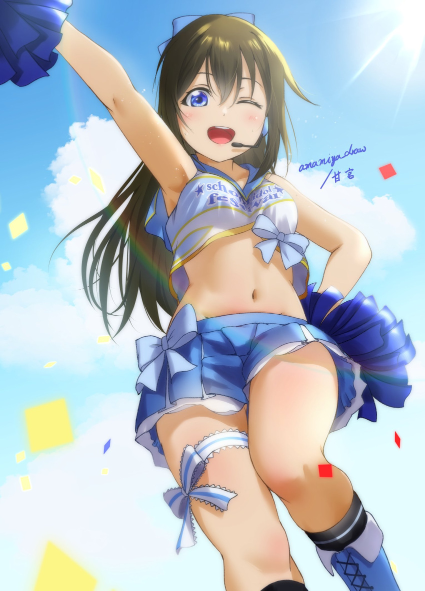 1girl amamiya_(re-amamiya) arm_up armpits black_socks blue_bow blue_eyes blue_footwear blue_sailor_collar blue_shirt blue_skirt blue_sky blush boots bow breasts brown_hair cheerleader clouds commentary_request confetti crop_top day hair_between_eyes headset highres holding holding_pom_poms knee_boots layered_skirt long_hair looking_at_viewer love_live! love_live!_nijigasaki_high_school_idol_club medium_breasts navel one_eye_closed open_mouth ousaka_shizuku outdoors pom_pom_(cheerleading) ponytail print_shirt sailor_collar shirt sidelocks skirt sky smile socks solo standing standing_on_one_leg stomach sunlight teeth thigh_strap thighs upper_teeth_only