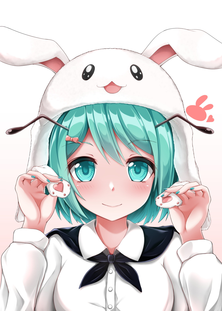 1girl absurdres animal_hat antennae closed_mouth commentary_request green_eyes green_hair hat highres long_sleeves looking_at_viewer muki_(munikichan) rabbit_hat short_hair smile solo touhou upper_body white_background wriggle_nightbug