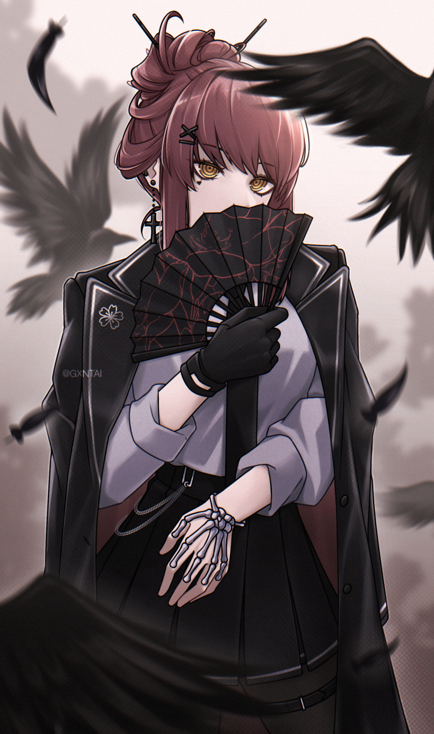 absurdres bird black_coat black_gloves black_necktie black_skirt bone_bracelet chainsaw_man coat coat_on_shoulders covering_mouth cross cross_earrings cross_hair_ornament crow earrings english_commentary feathers gantai-_(gxntai) gloves gothic hair_ornament hair_stick hairpin hand_fan heart highres holding holding_fan jewelry looking_at_viewer makima_(chainsaw_man) necktie redhead ringed_eyes shirt sidelocks single_glove skirt white_shirt yellow_eyes